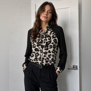 Juicy Couture Leopard Tie-Neck Blouse with see through sleeves